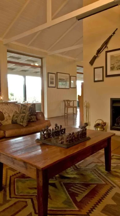 Lounge interior with fireplace and chess