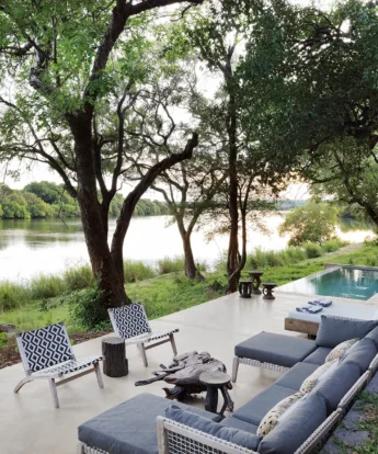 Safari river house deck with fire